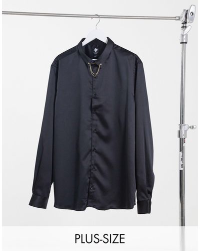 Twisted Tailor Camisa de talla grande negra entallada con doble cadena en el cuello de raso de - Negro