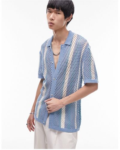 TOPMAN Knitted Crochet Stripe Button Through Shirt - Blue