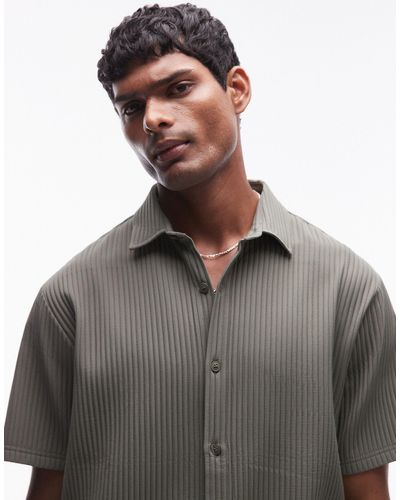 TOPMAN Short Sleeve Button Up Plisse Shirt - Grey