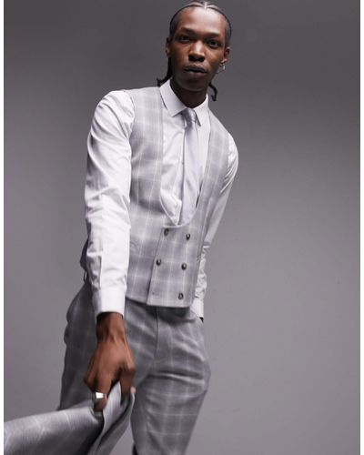 TOPMAN Fabric Interest Checked Suit Waistcoat - Gray