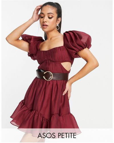 ASOS Asos Design Petite Voile Mini Dress With Pleated Bodice And Pu Belt - Red