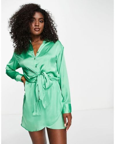 Pull&Bear Tie Front Long Sleeve Satin Mini Shirt Dress - Green