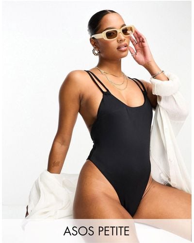 ASOS Asos Design Petite Lattice Strap Swimsuit With High Leg - Black