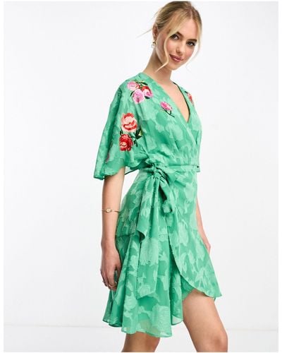 Hope & Ivy Flutter Sleeve Embroidered Sequin Mini Dress - Green