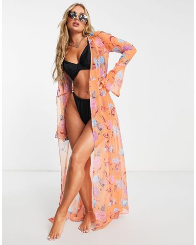 ASOS – strand-kimono mit blumenmuster aus chiffon - Orange