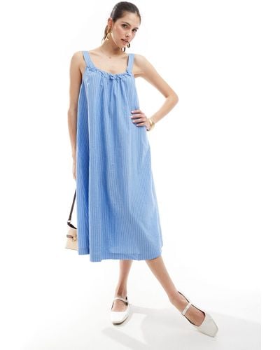 Vero Moda Cotton Ruched Neck Maxi Dress - Blue
