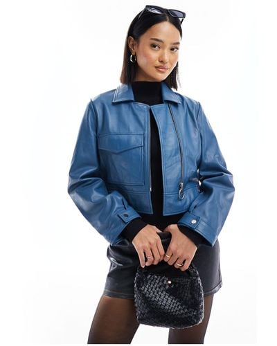 Muubaa Minimal Boxy Fit Leather Jacket - Blue