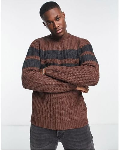Only & Sons Chunky Textured Knitted Sweater With Contrast Stripe - Brown
