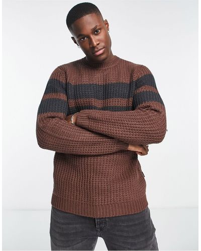 Only & Sons Chunky Textured Knitted Jumper With Contrast Stripe - Brown