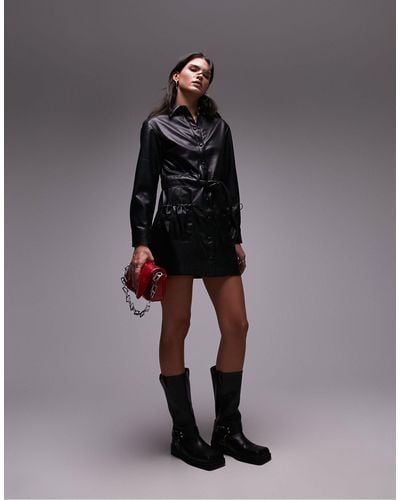 TOPSHOP Faux Leather Mini Belted Shirt Dress - Black