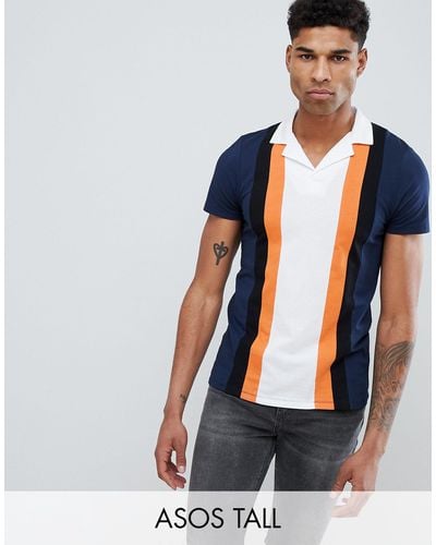 ASOS Tall Polo Shirt With Retro Vertical Panels And Revere Collar - Blue