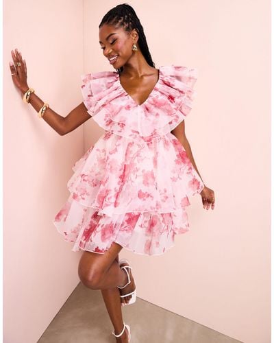 ASOS Organza Ruffle Baby Doll Mini Dress - Pink