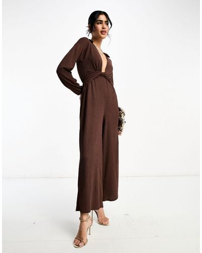 ASOS Textured Jersey Jumpsuit With Twist Front - Brown
