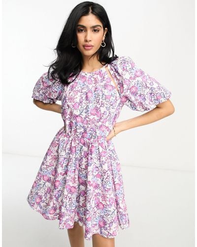 French Connection Puff Sleeve Cotton Mini Dress - Purple