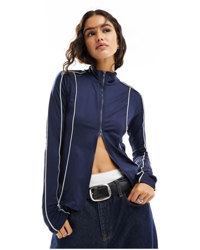 Weekday Lionella Long Sleeve Zip Up Top With Piping Detail - Blue
