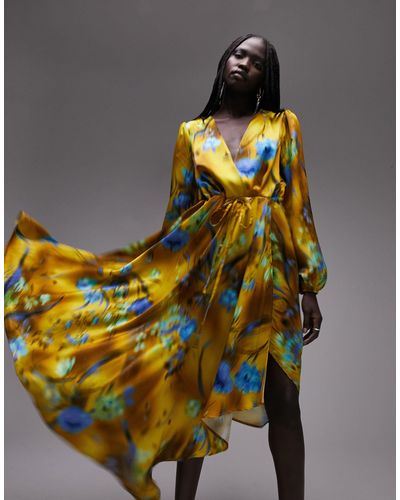 TOPSHOP Abstract Floral Asymmetric Long Sleeve Satin Dress - Multicolor