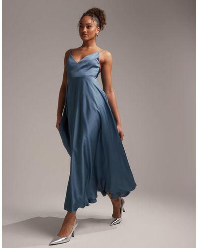 ASOS Bridesmaid Satin Midi Dress With Tie Back - Blue
