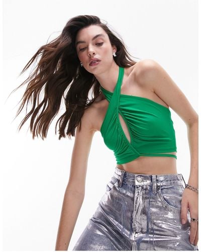 TOPSHOP Ruched Cut Out Halter Top - Green