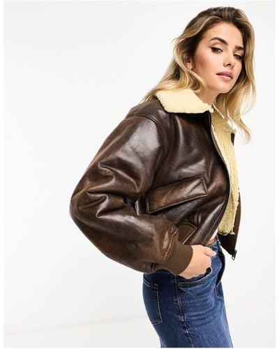 Pull&Bear Borg Trim Cropped Faux Leather Bomber Jacket - Brown