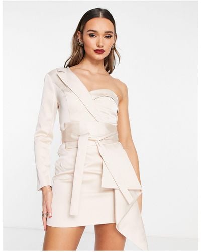 Lavish Alice Satin One-shoulder Mini Blazer Dress With Belt Detail - White