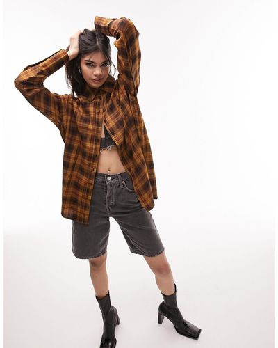 TOPSHOP Relaxed Long Sleeve Oversized Check Shirt - Brown