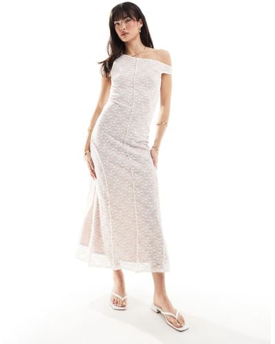 ASOS Fallen Shoulder Lace Midi Dress With Seam Detail - White