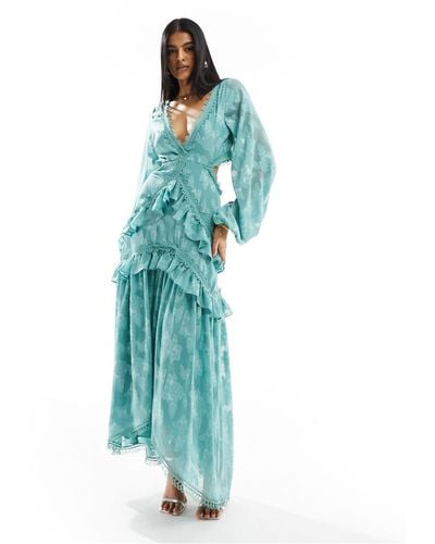 ASOS Floral Jacquard Cut Out Midi Dress - Blue