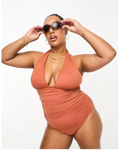 Simply Be Halterneck Cut Out Ruched Detail Swimsuit - Orange