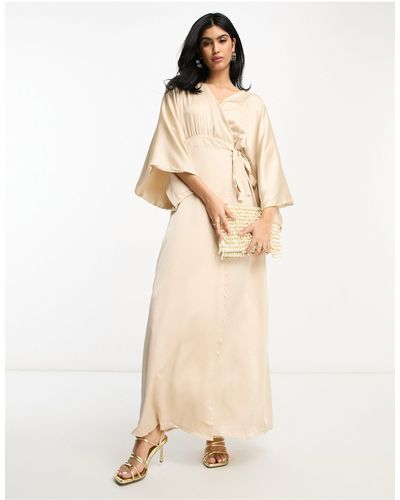 TFNC London Bridesmaid Kimono Sleeve Satin Wrap Maxi Dress - Natural