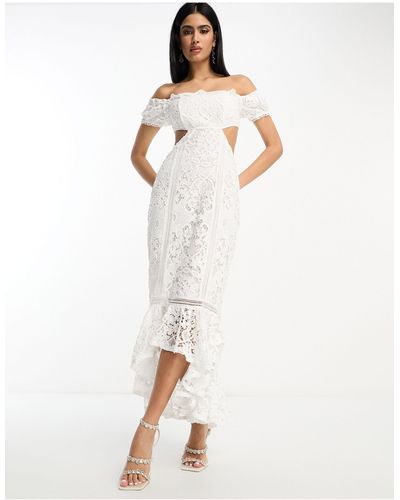 ASOS Lace Bardot Cut Out Maxi Dress With Frill Hem - White