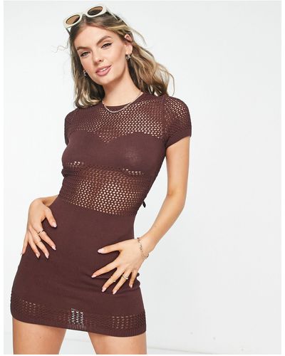 Weekday Mixed Crochet Knitted Mini Dress - Brown