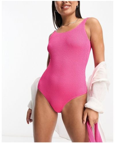 Monki Ribbed Swimsuit - Pink