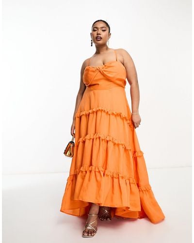 ASOS Vestido largo lila escalonado estilo babydoll con bajo asimétrico, volantes y detalle retorcido - Naranja