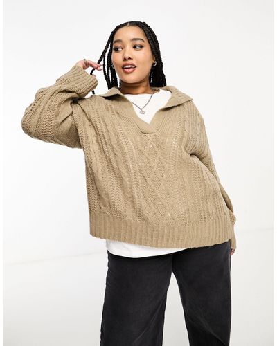 Brave Soul Plus Polo Collar Cable Knit Jumper - Natural
