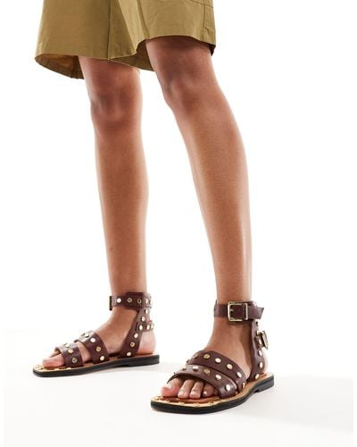 ASOS Fiji Leather Studded Flat Sandals - Natural