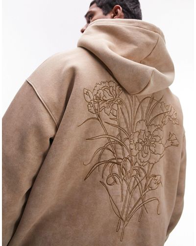 TOPMAN Oversized Fit Hoodie With Front And Back Floral Embroidery - Brown