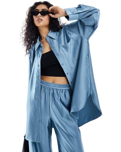 Y.A.S Satin Oversized Pinstripe Shirt Co-ord - Blue