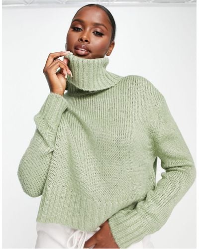 Brave Soul Cattio Boxy Cropped Roll Neck Sweater - Green
