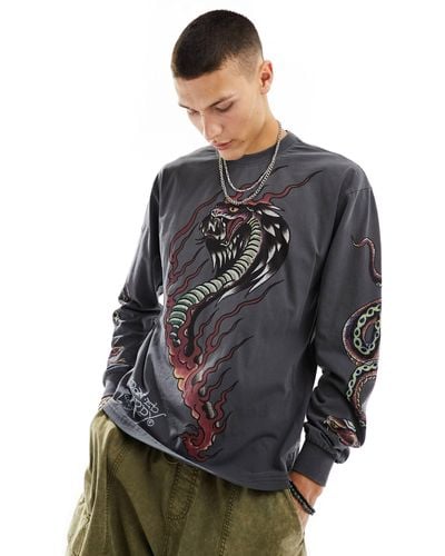Ed Hardy Long Sleeve T-shirt With Venom Graphic - Grey