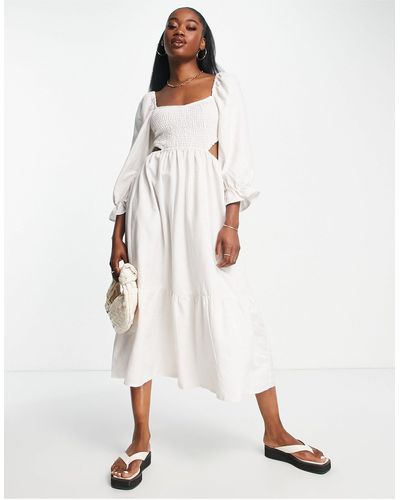 New Look Puff Sleeve Midi Dress With Cut Out Detail - White