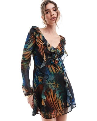 ASOS Long Sleeve Frill Mini Dress With Tendrils - Multicolour