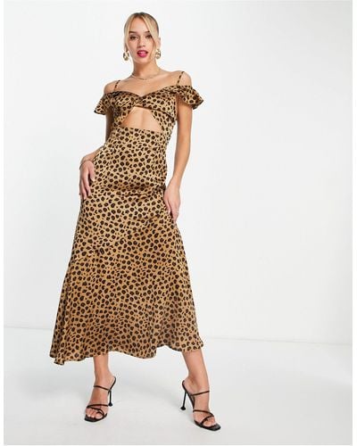 Never Fully Dressed Robe longue à manche volantée ajourée à imprimé léopard - Marron