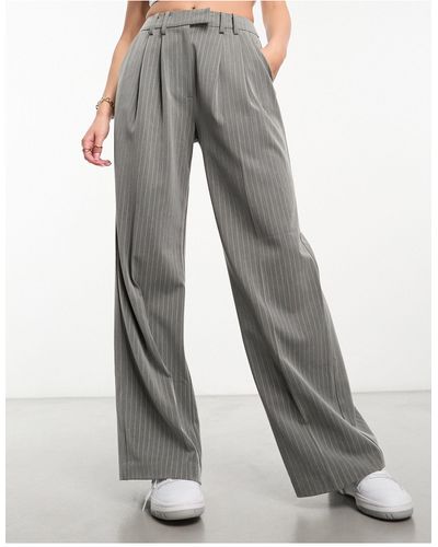 Miss Selfridge Slouchy Wide Leg Pinstripe Pants With Extended Tab Detail - Gray