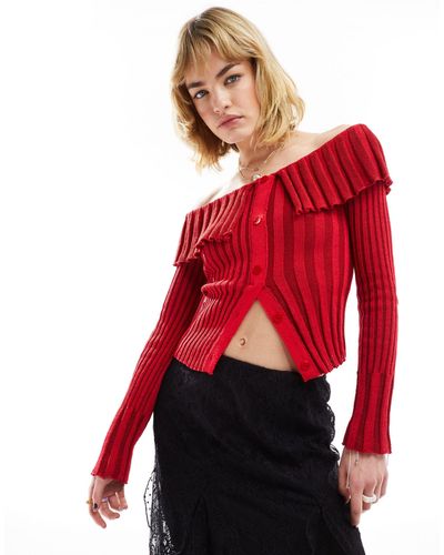 Reclaimed (vintage) Plated Rib Knit Off Shoulder Top - Red