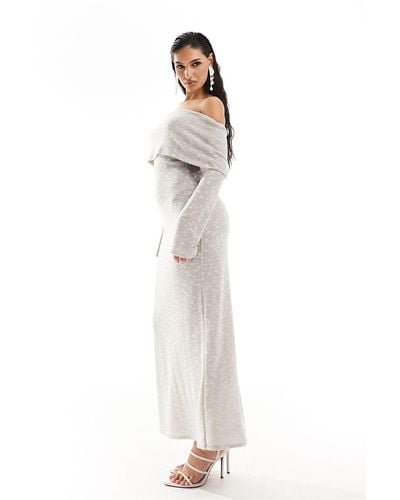 ASOS Long Sleeve Lightweight Textured Bardot Midi Dress - White