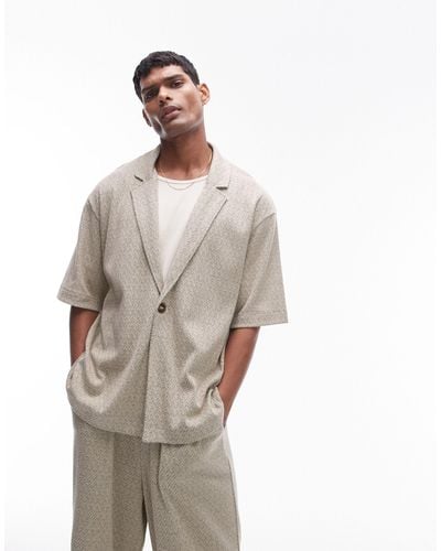 TOPMAN Oversized Fit Jersey Wrap Polo With Textured Jacquard - Natural