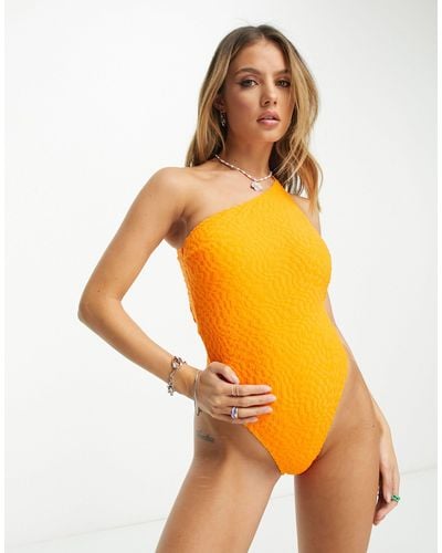 Collusion Embossed One Shoulder Cut Out Back Swimsuit - Orange