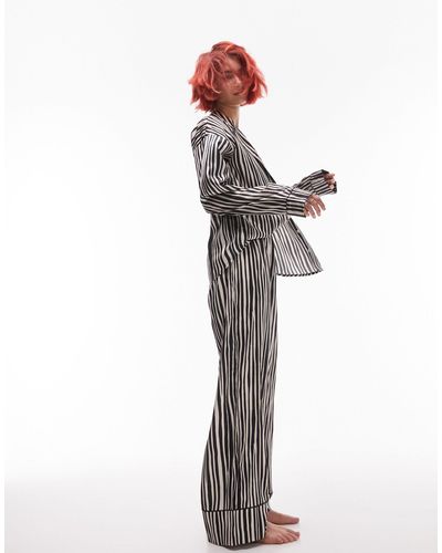 TOPSHOP Satin Stripe Print Piped Shirt And Trousers Pyjama Set - White