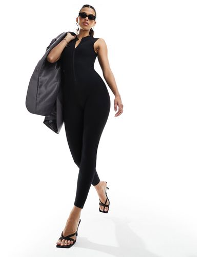 In The Style Zip Through Sleeveless Unitard Jumpsuit - Black
