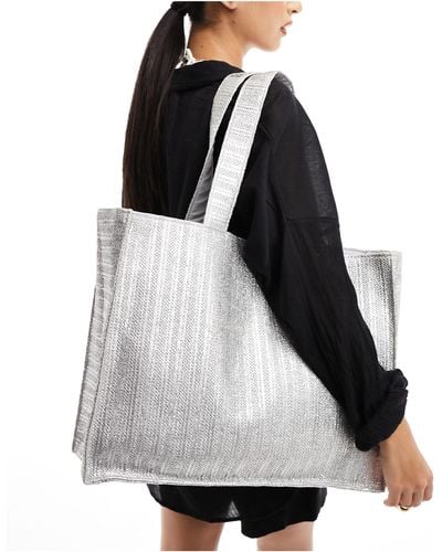 South Beach Metallic Woven Shoulder Tote Bag - Black